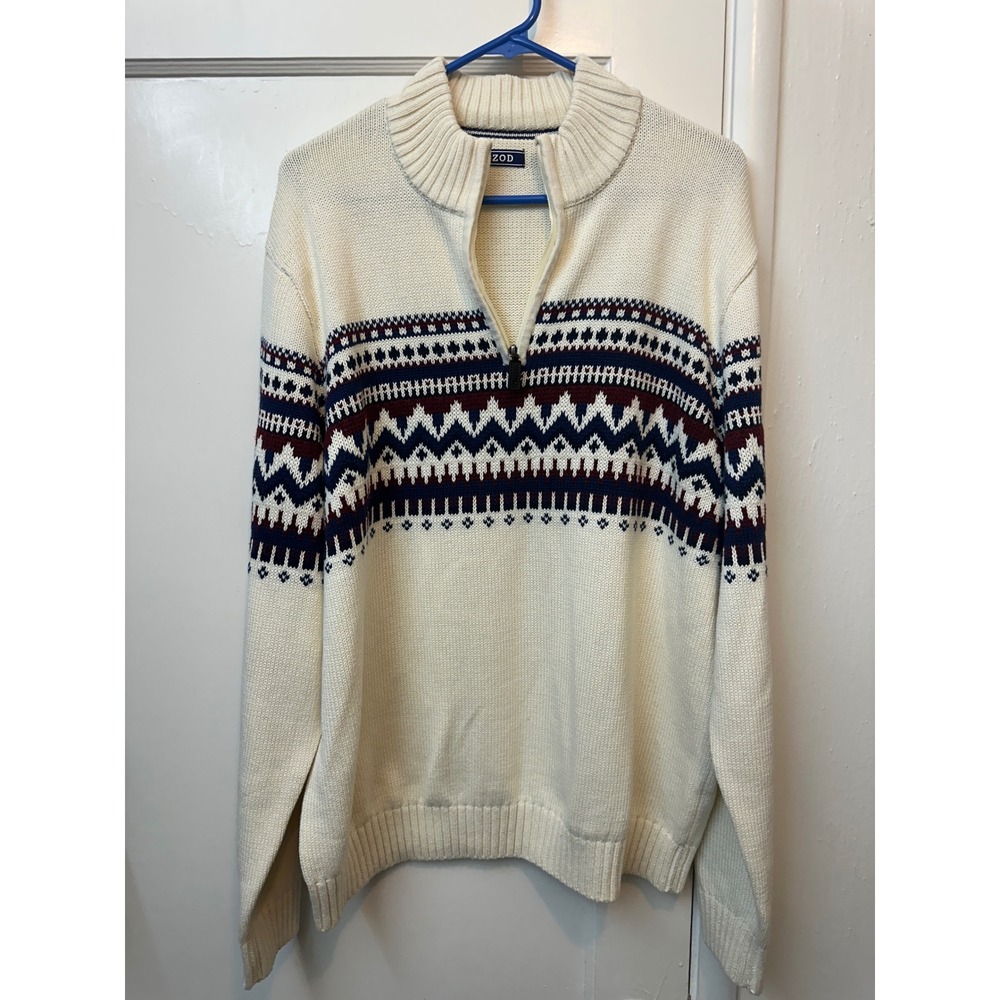 IZOD Mens Quarter Zip Fair Isle Sweater Cream Navy Burgundy Cotton Blend Large